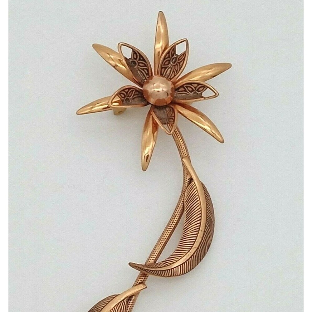 Vintage Large Flower Leaf Stem Brooch Pin Copper Tone Metal Etched Design 4.60"